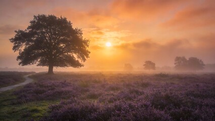 Obraz premium Serene lavender field at sunrise with majestic tree and winding path in peaceful countryside landscape