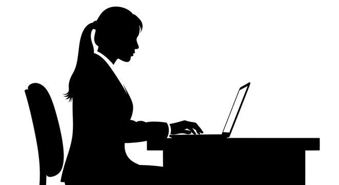 Silhouette of a woman sitting at a desk working on a laptop computer silhouette