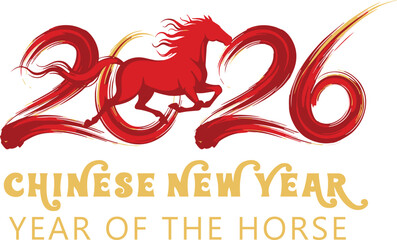Chinese New Year 2026 vector illustration featuring the Year of the Horse in red and gold colors. Ideal for Lunar New Year posters, banners, greetings, branding, and festive designs.