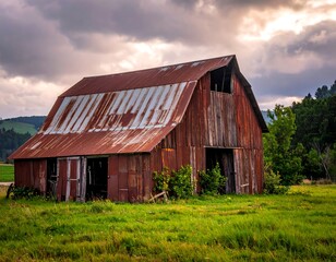 Obraz premium Weathered wooden structure with a rusty metal roof stands in a green field beneath a dramatic, overcast sky