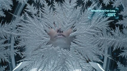 Woman in cryogenic pod as frost forms. Temperature dropping from 50 to 150 below zero in sci-fi chamber sequence. Futuristic cryosleep preservation concept for human survival.