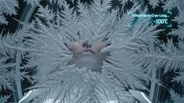 Woman in cryogenic pod as frost forms. Temperature dropping from 50 to 150 below zero in sci-fi chamber sequence. Futuristic cryosleep preservation concept for human survival.