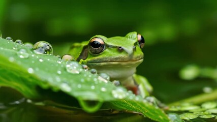 Green tree frog resting on a vibrant leaf with water droplets
