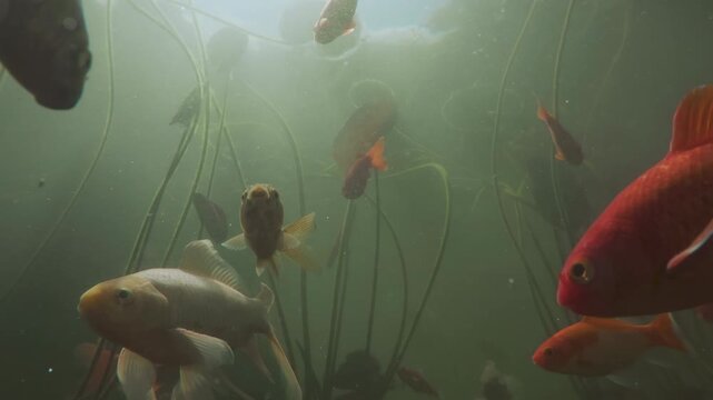 Koi fishes containing multiple different varieties swimming among lilies in a pond, underwater shot, close-up