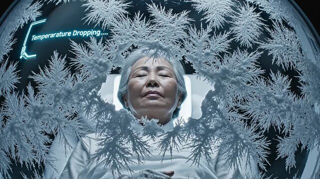 Elderly asian woman awakening in cryogenic pod. Closeup of eyes opening during temperature drop. Sci-fi cryosleep revival sequence for future technology concept.