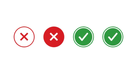 Four uniformly sized graphic icons: red 'X' in red outline, white 'X' on red circle, green '✓' in green outline, white '✓' on green circle, horizontally aligned on transparent background with copy