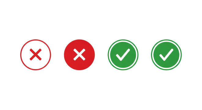Four uniformly sized graphic icons: red 'X' in red outline, white 'X' on red circle, green '✓' in green outline, white '✓' on green circle, horizontally aligned on transparent background with copy