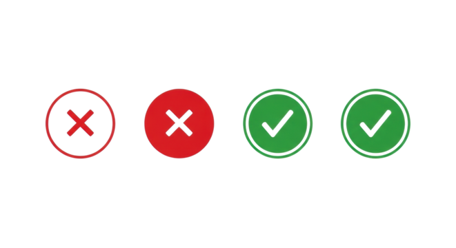 Four uniformly sized graphic icons: red 'X' in red outline, white 'X' on red circle, green '✓' in green outline, white '✓' on green circle, horizontally aligned on transparent background with copy - Powered by Adobe
