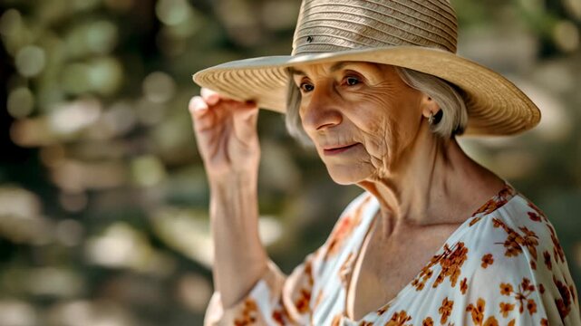 Elegant senior woman in straw hat enjoying sunny summer day outdoors. Close-up portrait of graceful elderly person relaxing in garden. Graceful aging, sun protection and retirement lifestyle concept