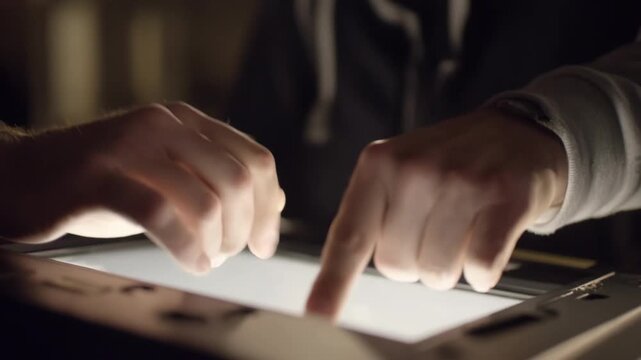 Medium shot of a closeup on hands operating a touchscreen device in a digital union election highlighting secure and fast vote casting.