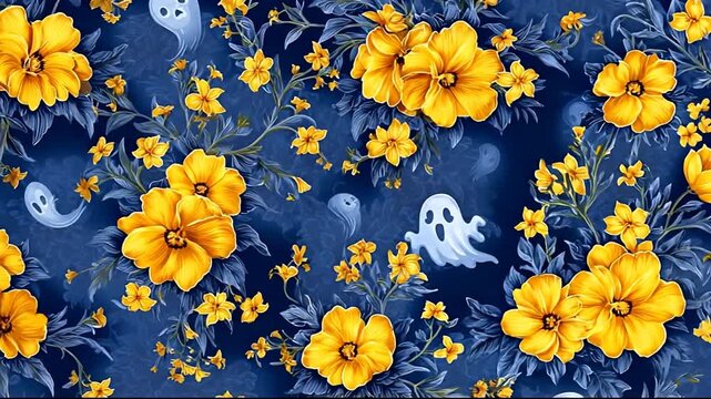 Floral pattern with ghost elements on blue background for decorative design