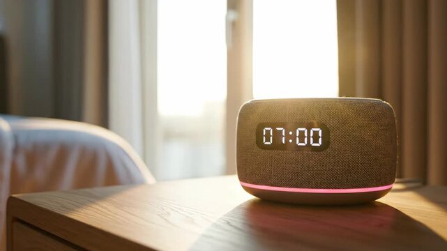 Bedside clock glowing through dawn transition. Smart alarm device on wooden table in sunlit bedroom. Cinematic closeup of morning light awakening sequence.