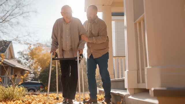 A caring son helps his elderly father walk with a walker. Senior man and caregiver walking together in the yard on a sunny autumn day. Family support and elder care concept