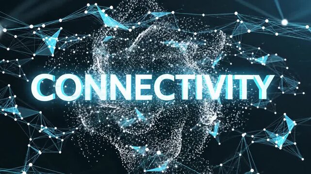Abstract blue plexus network forming connectivity text in animation sequence. Digital lines and nodes building neural structure. Technology communication and interconnection concept visualization.