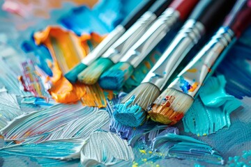 Fototapeta premium Close-up of paint brushes with colorful paint