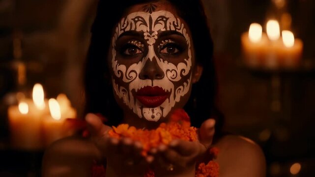 Catrina blowing marigold petals in slow motion with warm candlelight.