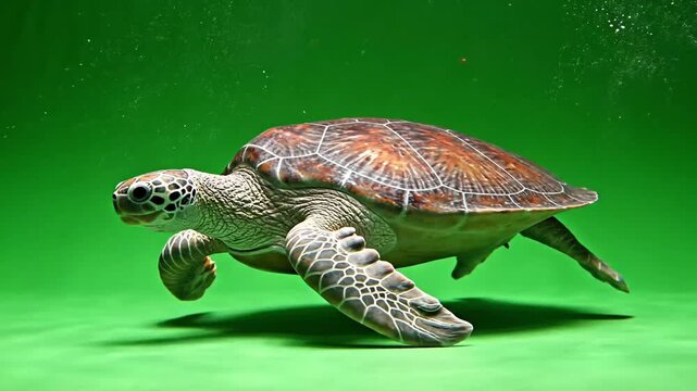 Turtle Swimming Sideways on green screen background