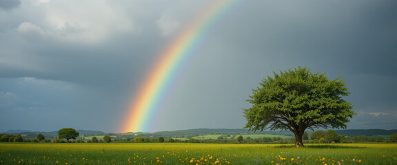 Obraz premium Nature's beauty rainbow over a green field stunning landscape view with a lone tree serene environment