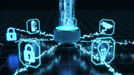 Abstract 3D digital security hub activation sequence. Glowing central device connects locks, lightbulbs and cameras in network. Cybersecurity and smart surveillance protection concept.