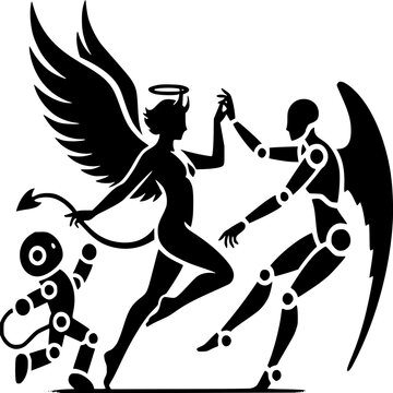 Angels and Robots, Clash of Virtues: a Angel, with wings and halo and holding robot's hand, Devil is holding hand of robot with devil tail