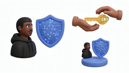 Digital security concept with person and shield and key