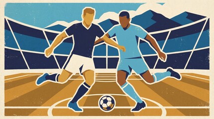 Two soccer players in action on the field, showcasing their competitive spirit during an intense soccer match. The illustration evokes the excitement and energy of the game