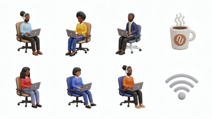 Diverse team working remotely with coffee and wifi