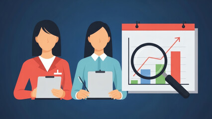 Business analysts analyzing statistics and charts with magnifying glass