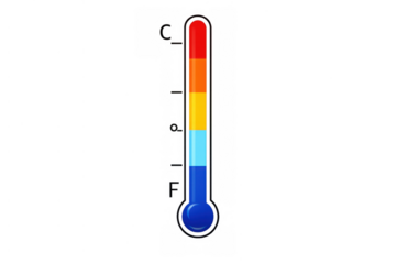 Temperature indicating thermometer showing heat and cold variations in degrees celsius and fahrenheit on transparent background