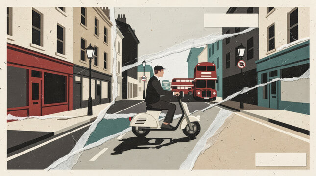 Contemporary retro poster design influenced by Mods and Rockers culture, combining bold flat colors, lino print shapes, and handcrafted collage elements.