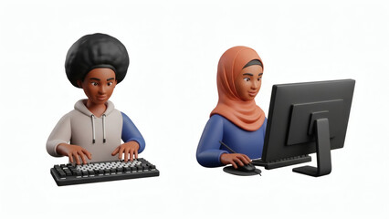 Diverse women coding with computer on white background