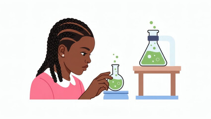 Young Black girl experimenting with liquid in flask