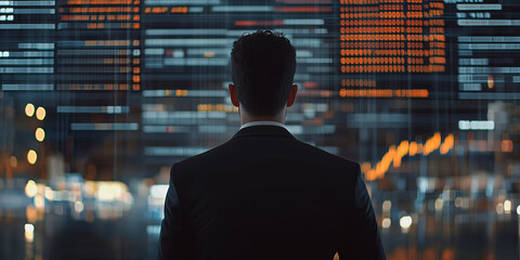 Businessman in a suit looking at stock market growth, holographic financial charts, success perspective
