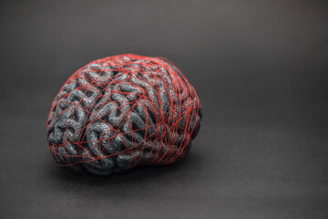 Human brain entwined with red thread. Concept of neurology, nervous system or human mind.