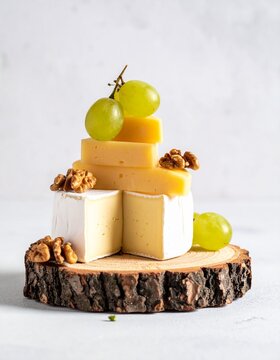 Pile de fromages avec raisins et noix, isol&eacute;e sur fond blanc. 