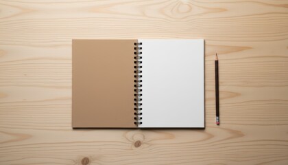 Open spiral notebook showing blank white page and brown cover with pencil on light pine wood background.