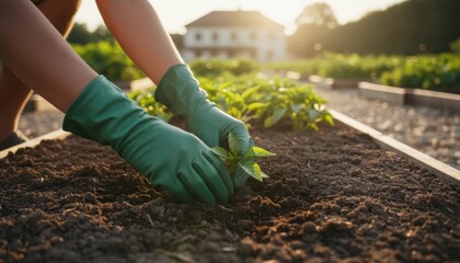 Close up of hands in green gloves planting a small seedling in rich dark soil at golden hour sunset