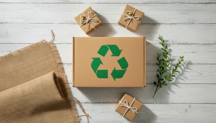 Eco friendly shipping box with recycling logo and small kraft paper gifts on rustic white wood background