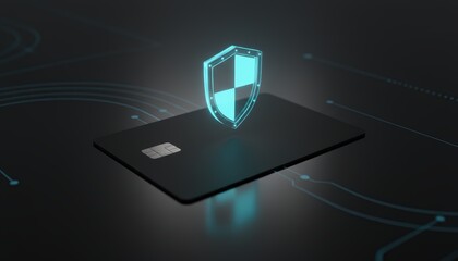 Black credit card with glowing blue security shield icon on dark digital background with circuit lines.