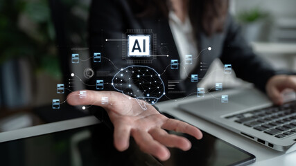 AI neural network and data processing system visualizing artificial intelligence with brain structure, chip, and connected data blocks for computation and learning Latch