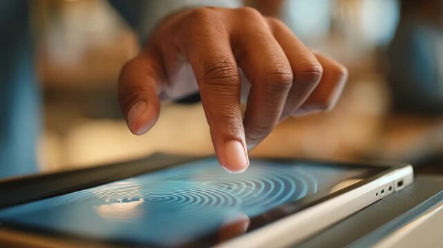 Medium shot of a person using a fingerprint scanner on a device to enable biometric verification during an online transaction.