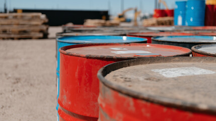 Close up of colorful industrial barrels in an outdoor storage yard. Red and blue drums for oil, fuel, or hazardous chemical waste. Industrial pollution and environmental issues