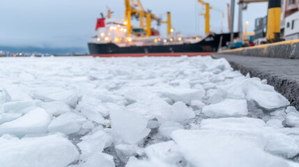 Broken ice in a frozen harbor with a large cargo ship in the background. Low angle view of a commercial port in winter. Maritime shipping and global trade