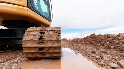 Close-up of muddy excavator track on construction site. Heavy equipment for earthmoving and groundwork. Industrial vehicle for building and development