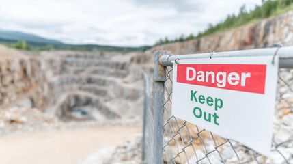 Danger Keep Out warning sign on a chain-link fence. Industrial safety at an open-pit mine or quarry. Restricted area and no trespassing notice