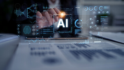 A futuristic AI dashboard for business intelligence. This platform showcases advanced data analytics, processing complex information into visual charts and graphs for strategic insights. Fermion