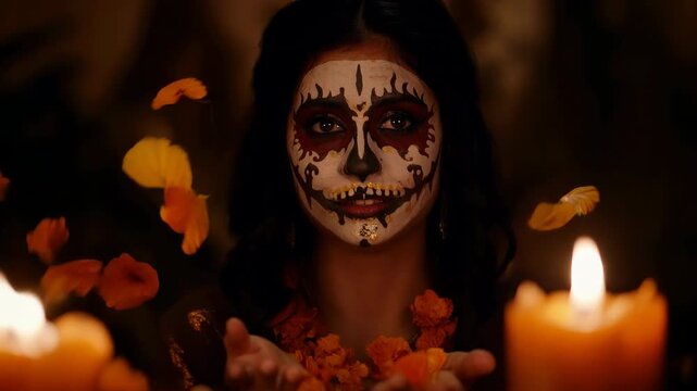Catrina blowing marigold petals in slow motion with warm candlelight.