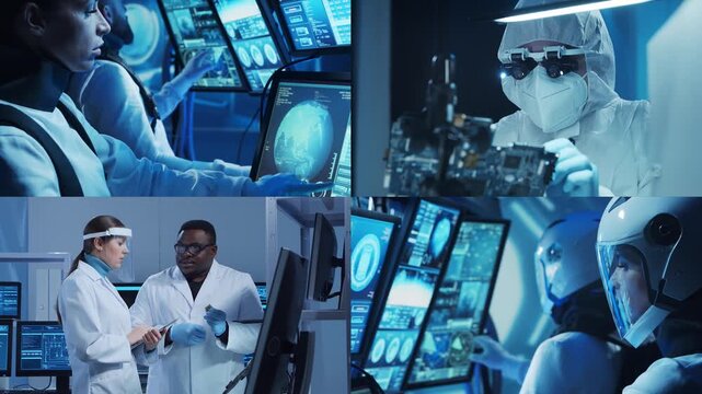 Technology, space exploration and medical concept. Scientists, astronauts, lab equipment and microscopes in biomedical innovations and clinical studies. Ideal for educational content.