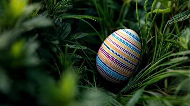 Colorful egg rests among lush green plants in garden setting. Bright colors contrast with green leaves. Concept of Easter, spring festivities, outdoor decorations