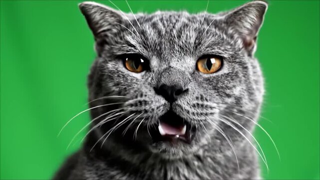 Gray Cat Opening Mouth Meowing Talking for Voice Over on Green Screen